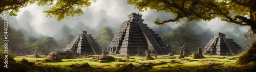 Artistic concept illustration of an Aztec temple, background illustration.