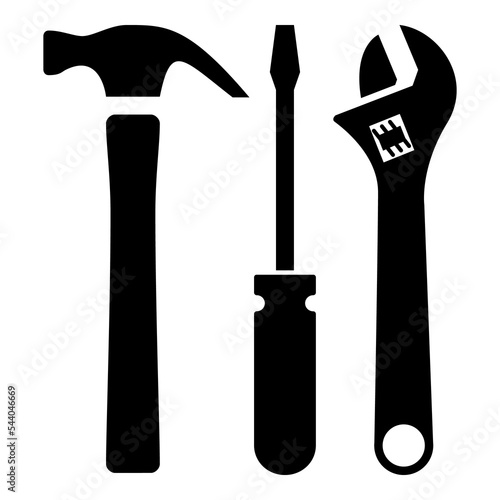 Logo servicio técnico. Silueta aislada de martillo, destornillador y herramienta llave