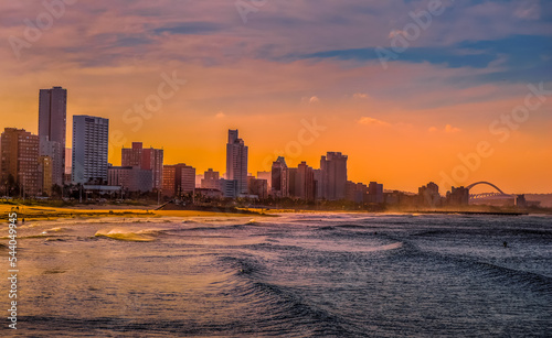 Durban golden mile beach with white sand and skyline South Africa