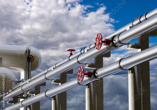 Steel pipes on concrete supports. Oil pipeline under blue sky. Silvery pipeline with red valves. Pipeline for import of oil products. Pipes for supply of crude oil. Fuel infrastructure. 3d image.