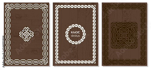Celtic knot braided A4 size frame border pattern. Vector scotland knot border on wood texture, irish decorative traditional ornament pattern cover set. Template greeting card, cover, invitation frame