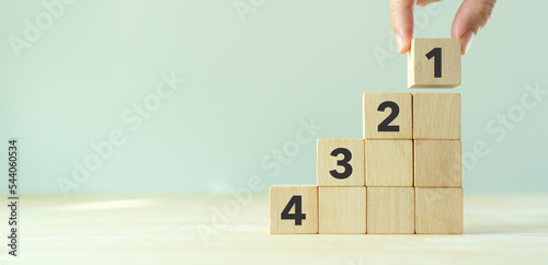 Task priority and management concept. The order of priority in any activity. Set work priority, arrange to do list. Wooden cubes with number first, second, third and fourth.