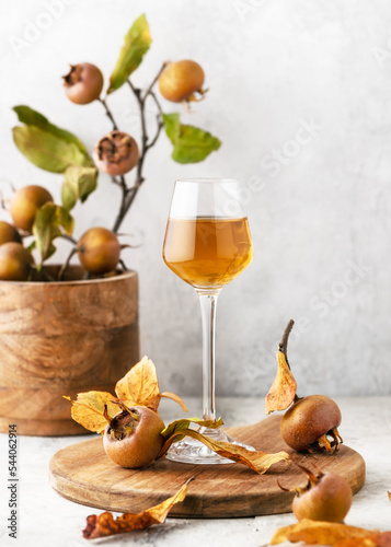 Homemade wine or liquor of medlar fruit in a small glass with fresh ripe fruits on wooden cutting board. (Mespilus germanica) Copy space.