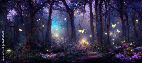 wide panoramic of fantasy forest with glowing butterflies. fantasy scenery.