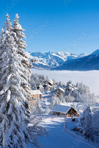 Laye winter ski resort village in Champsaur (French Alps) covered in fresh snow. Hautes-Alpes, France