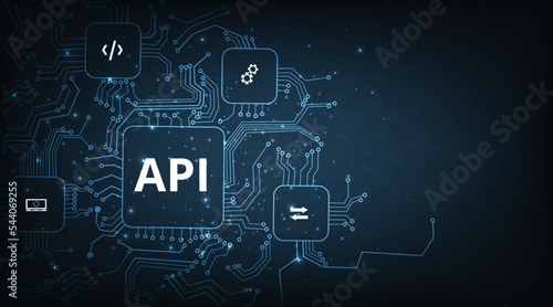 Application Programming Interface (API) concept. Software development tool, information technology, modern technology, internet and networking concept on dark blue background.