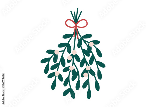 Hand drawn cute cartoon illustration of hanging mistletoe with red bow. Flat vector Christmas plant sticker in colored doodle style. New Year, Xmas branches icon or print. Isolated on background.