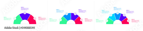 Round infographic chart. Infographic design template with 3, 4 and 5 options. Semicircle form pie charts. Vector illustration.