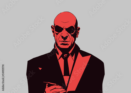 bald mafia man in suit silhouette illustrated portrait, red gangster