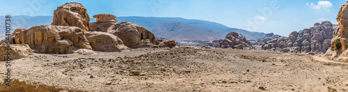 A panorama view at the entrance to the gorge at Little Petra, Jordan in summertime