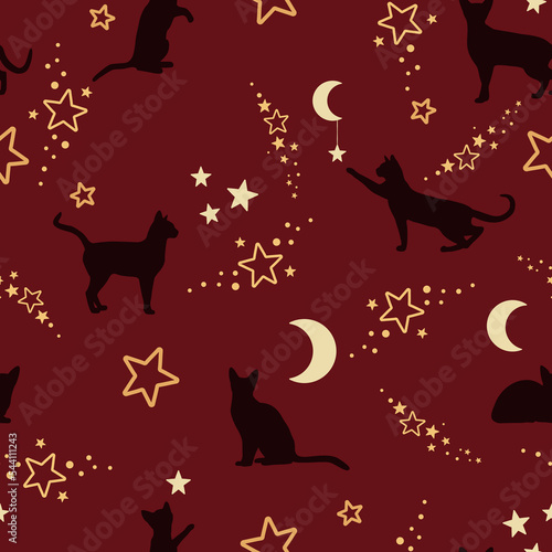 Koty bawiące się gwiazdkami i księżycem. Magiczna scena nocna. Ilustracja wektorowa na ciemnym tle. Powtarzający się wzór.