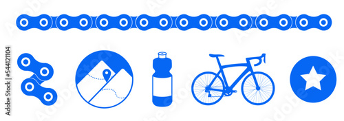 rower ikony, piktogramy związane z kolarstwem: rower szosowy, bidon, łańcuch rowerowy, góry i gwiazda