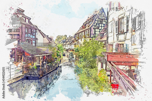 Watercolor painting street view of beautiful Colmar village, Alsace, France.