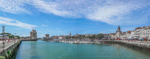 Wide panorama of the Old Port with medieval towers , La Rochelle, Southwestern France.