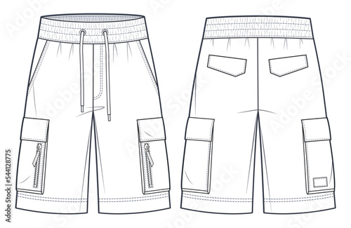 Unisex Cargo Shorts technical fashion Illustration. Short Pants fashion flat technical drawing template, front and back view, pockets, elastic waistband, white, women, men, unisex CAD mockup set.