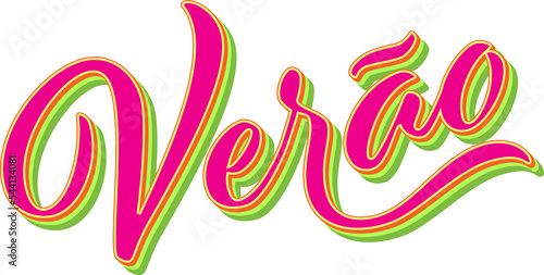 Palavra verão em tipografia colorida com as cores rosa choque, verde limão, e amarelo