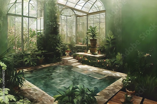 Victorian Spa and wellnes centre in botanical garden interior relaxation illustration design
