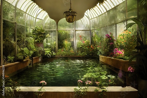 Victorian Spa and wellnes centre in botanical garden interior lifestyle illustration design