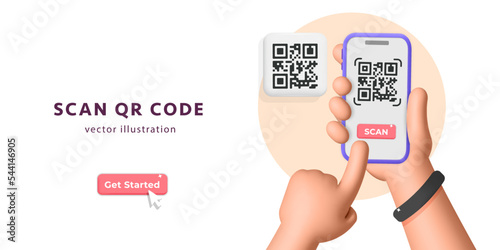 3d vector banner template for hand scanning qr code with mobile app service on smartphone design