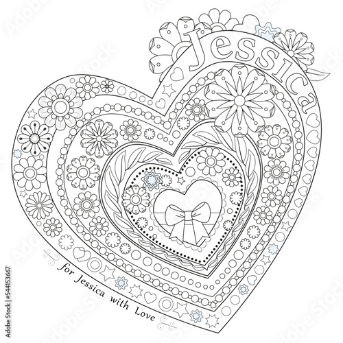 Black and white flower decoration with name Jessica, heart frame. Coloring book page. Vector illustration.