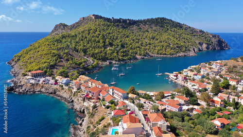 Aerial drone photo of beautiful colourful and picturesque small fishing coastal village of Assos in island of Kefalonia, Ionian, Greece