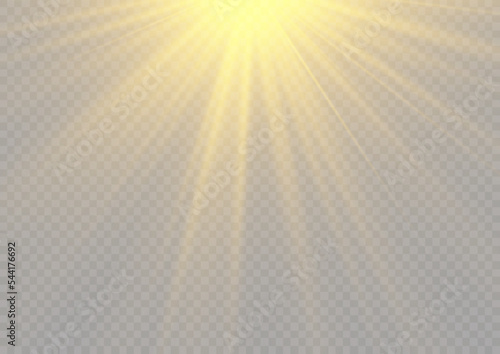 Flash gold light with rays and spotlight. Golden star burst with sparkles. Translucent shine sun, bright flare. Sunlight glowing png effect. Yellow beam sunrays on transparent background. Vector