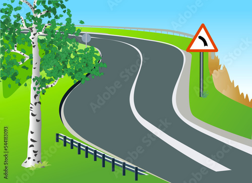 Mountain landscape with a birch near a dangerous turn of the road. Vector illustration. 