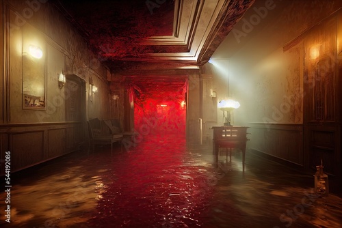 An indoor scene of a horrifying haunted hotel of horrors with rivers of blood flowing through the hall and corridor of nightmars. 3D illustration of Halloween for horror theme backgrounds.