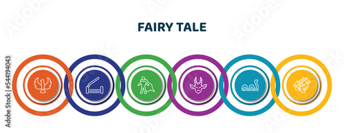 editable thin line icons with infographic template. infographic for fairy tale concept. included phoenix, drawbridge, hero, faun, loch ness monster, hydra icons.