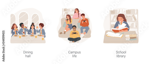 Private boarding school isolated cartoon vector illustration set. Dining hall, campus life, school library, student canteene, independent life, study time doing homework vector cartoon.