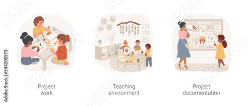Reggio Emilia preschool isolated cartoon vector illustration set. Project work, teaching environment and classroom design, project documentation, art activity, photo board vector cartoon.