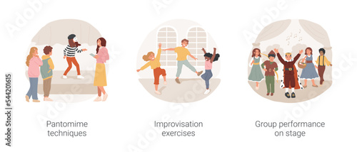 Theater arts electives isolated cartoon vector illustration set. Learn pantomime techniques, acting class, improvisation exercises, group performance on theatre stage, children play vector cartoon.