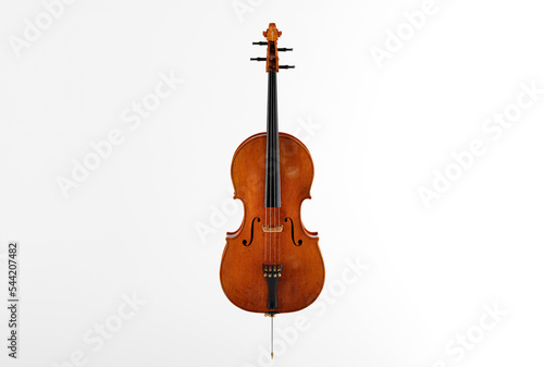 Contrabass on a light background. Concession of music and playing the double bass. Wooden double bass. 3D render, 3D illustration.