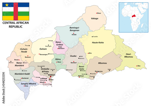 Administrative map of the Central African Republic with a flag