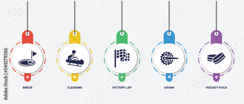 infographic element template with sports filled icons such as birdie, sledding, victory lap, crank, hockey puck vector.
