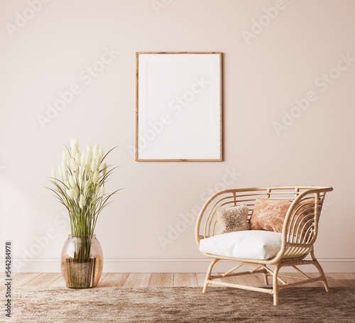 Poster frame mockup in farmhouse room design, wooden and rattan furniture in beige living room, 3d render 