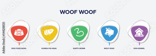 infographic element template with woof woof filled icons such as dog food bowl, guinea pig heag, earth worm, wolf head, dog kennel vector.