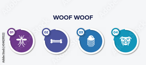 infographic element template with woof woof filled icons such as big mosquito, dog bone, swimming jellyfish, angry bulldog face vector.