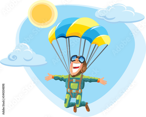 Happy parachutist flying on parachute. Vector. Blue sky and beautiful clouds. Bright sun.