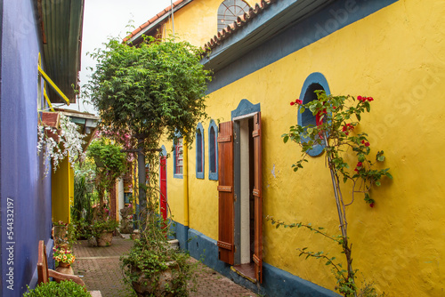 Embu City of Arts in Sao Paulo in Brazil, the slope of the laundresses with its colors, flowers and old architecture near the arts and crafts fair