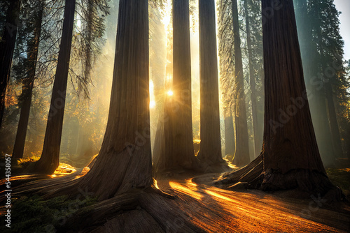 Giant Redwood trees with the sun shining through