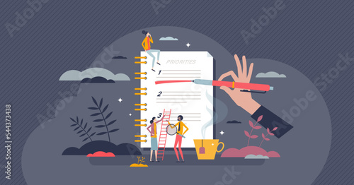 Priority agenda and list with work task importance tiny person concept. Effective job management with schedule and clear priorities to complete vector illustration. Productive business multitasking.