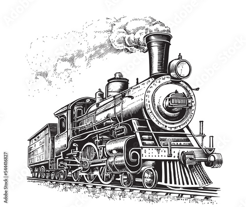 Steam locomotive old retro sketch hand drawn side view.Vector illustration.