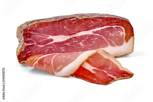 Italian prosciutto crudo or spanish jamon. Jerked meat, isolated on white background. High resolution isolated PNG image with transparent background.