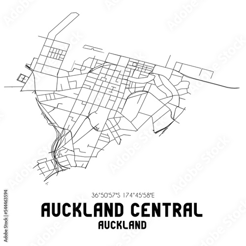 Auckland Central, Auckland, New Zealand. Minimalistic road map with black and white lines
