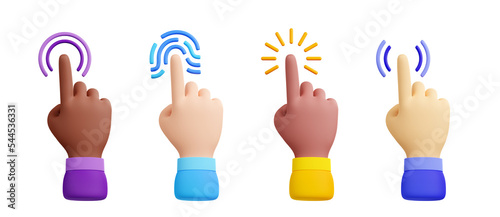Computer cursor with hand and click icon. Diverse man arms with fingers press button, pointing or touch fingerprint scan, 3d render illustration isolated on white background