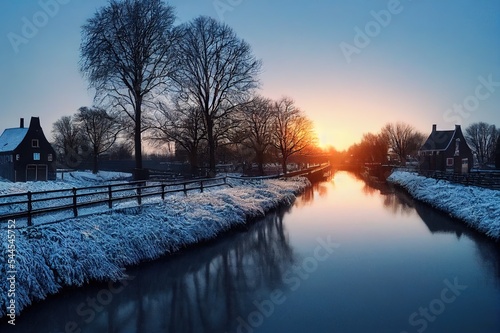 Typical winter dutch landscape with windmill. frozen canal in netherlands. Traditional winter holland scene. winter snow covering windmills and water