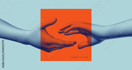 Hands reaching towards each other. Concept of human relation, togetherness or partnership. 3D vector illustration. Design for banner, flyer, poster, cover or brochure.