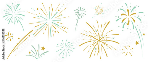 Set of new year firework vector illustration. Collection of golden, light green, grey fireworks on white background. Art design suitable for decoration, print, poster, banner, wallpaper, card, cover. 