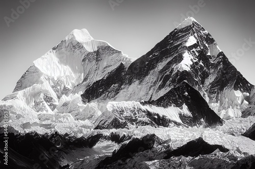 Black and white image of Thamserku mountain peak in Everest Region of Nepal